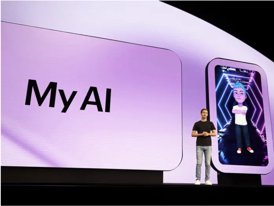 Snap CEO Evan Spiegel presenting the AI chatbot MyAI in February